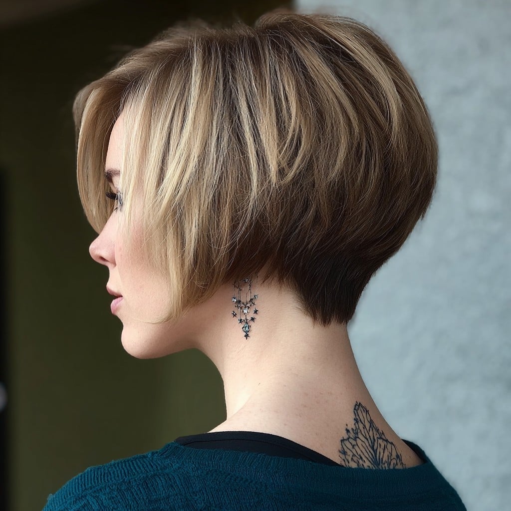 Short Blonde Stacked Bob With Side Swept Fringe
