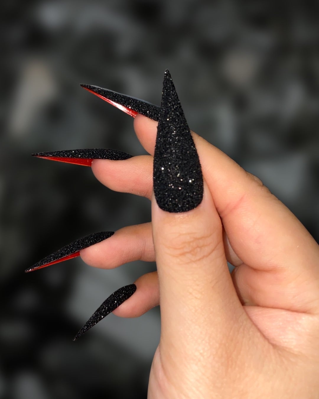 Abstract Gray Black Nude Long Stiletto Nails