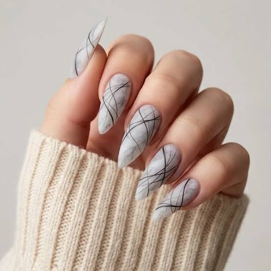 Matte Gray Marble Medium Stiletto Nails