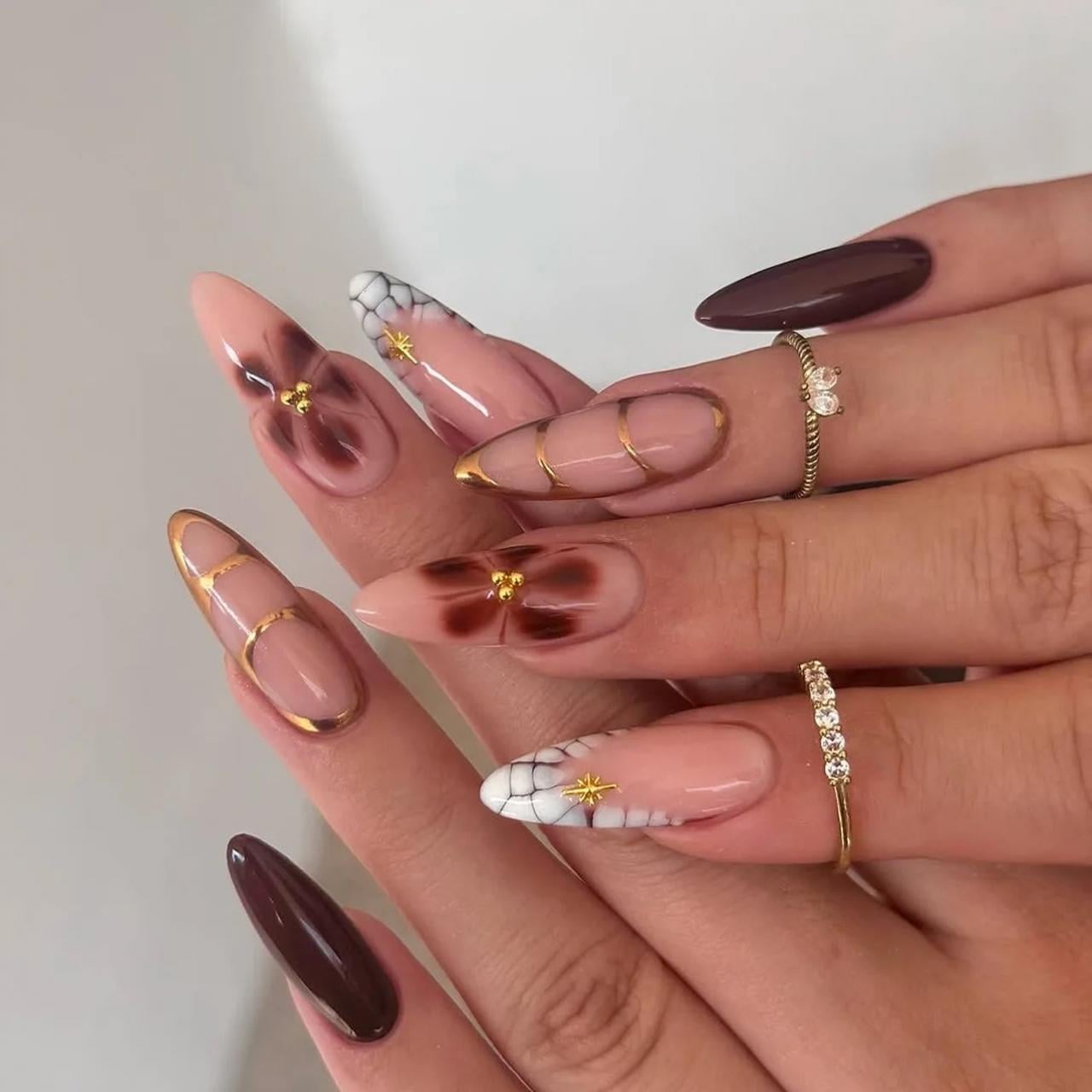 Nude Brown Floral Gold Accent Long Stiletto Nails
