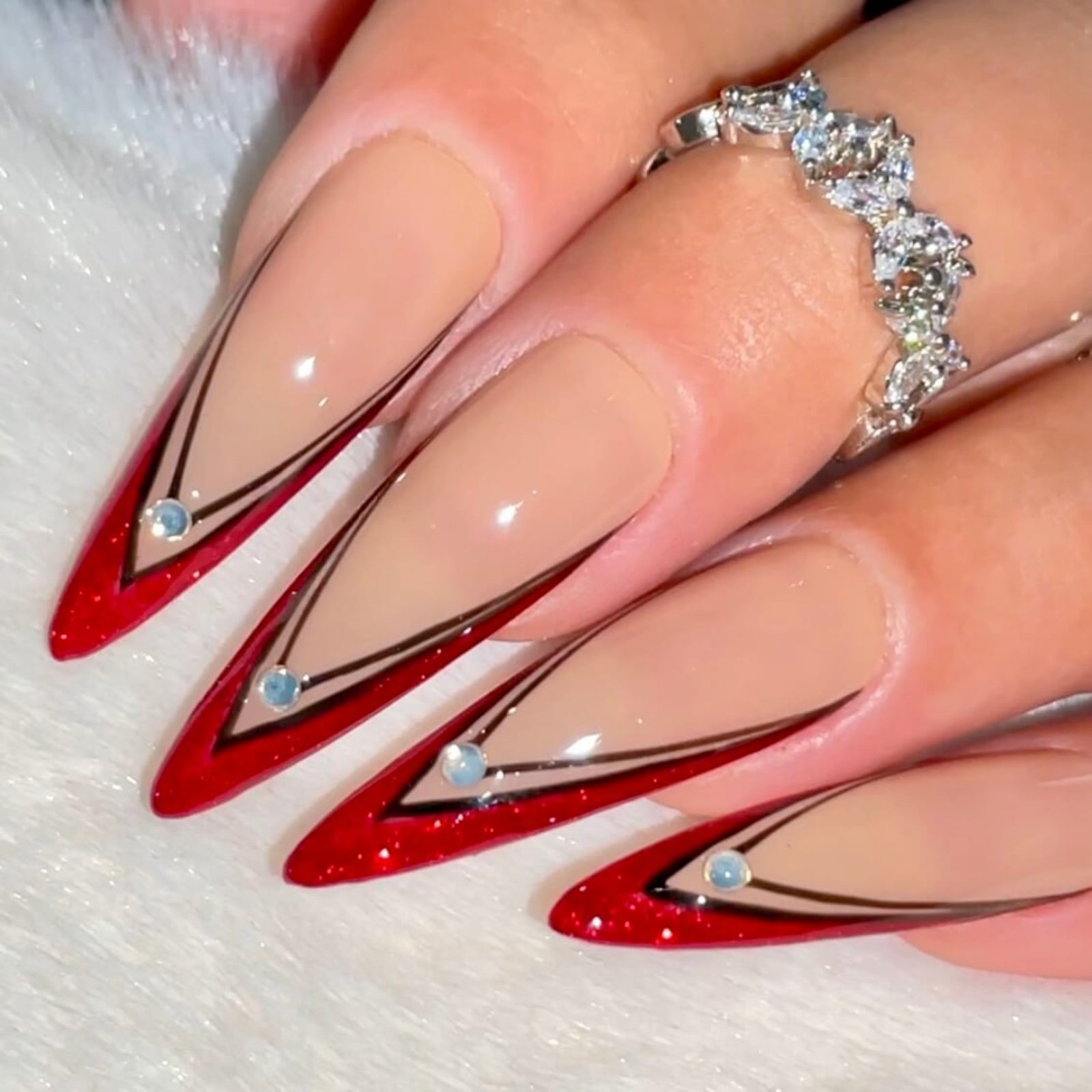Nude Red Glitter V-Tip Long Stiletto Nails