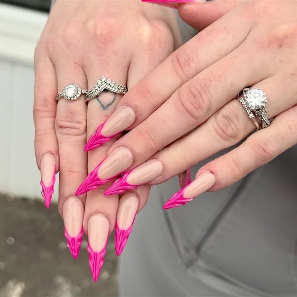 Nude Hot Pink French Tip Extra-Long Stiletto Nails