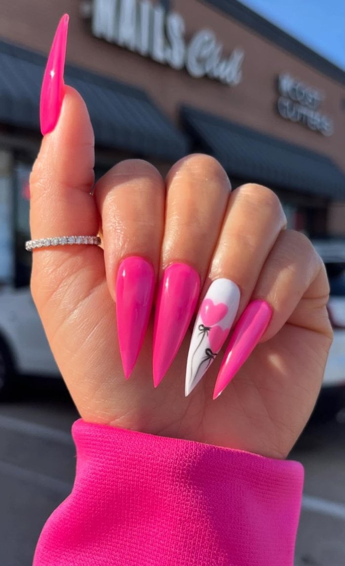 Hot Pink Heart Bow Long Stiletto Nails