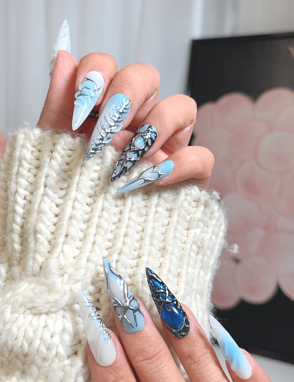 Iridescent Pink Shimmer Gold Foil Long Stiletto Nails