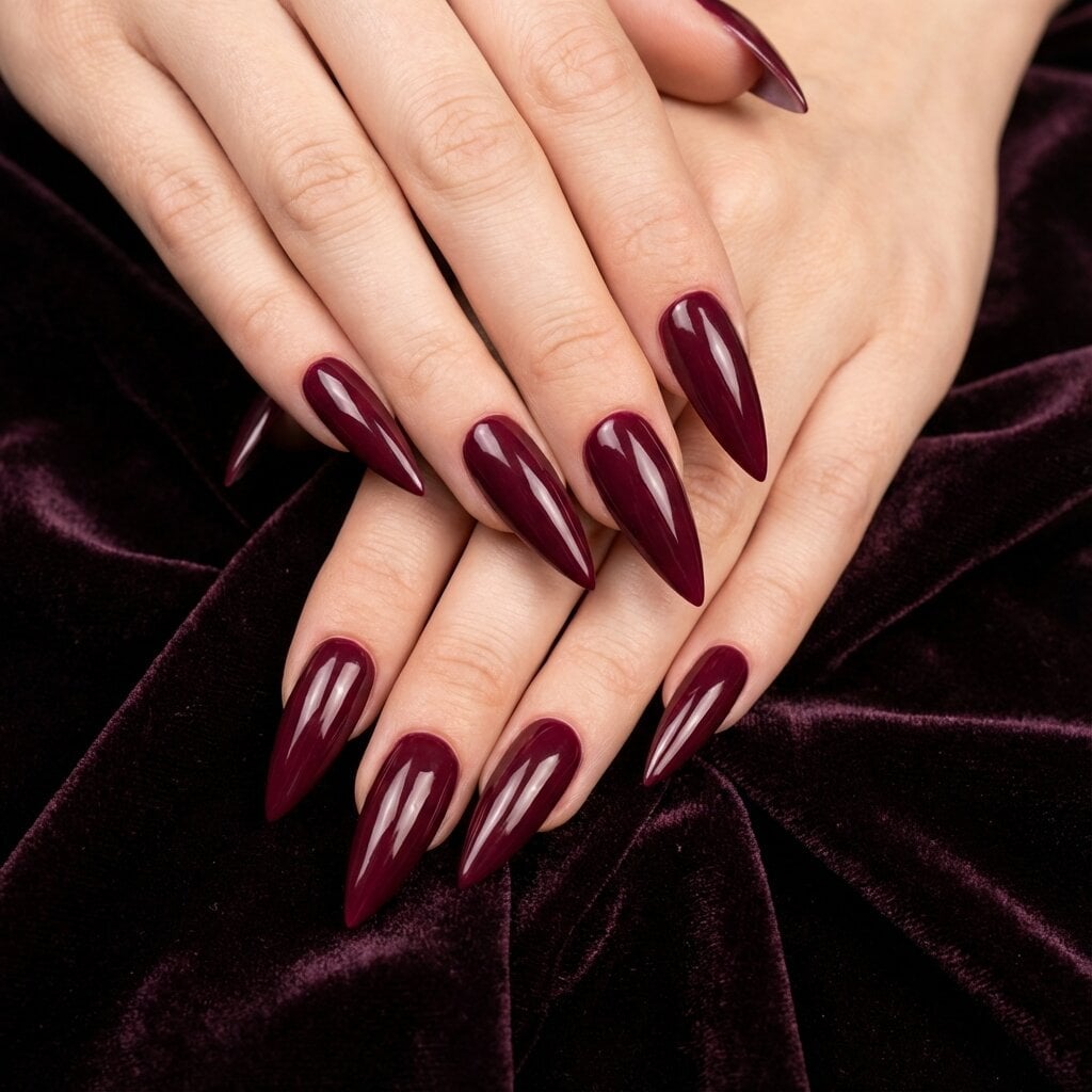 Deep Burgundy Glossy Long Stiletto Nails