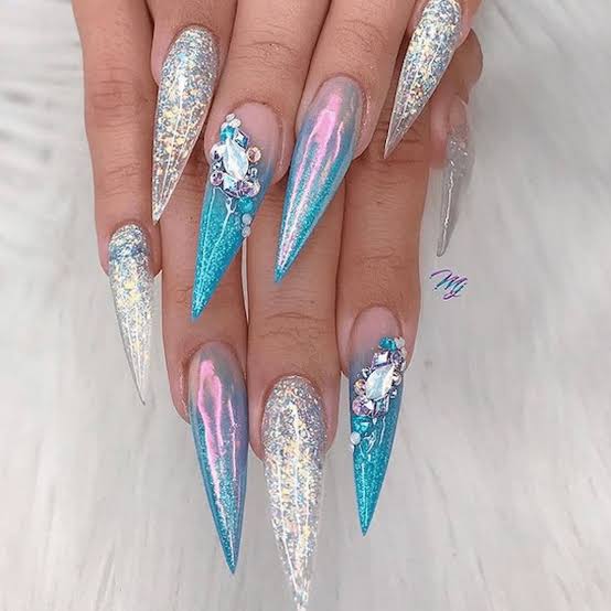 Iridescent Blue Glitter Rhinestone Long Stiletto Nails