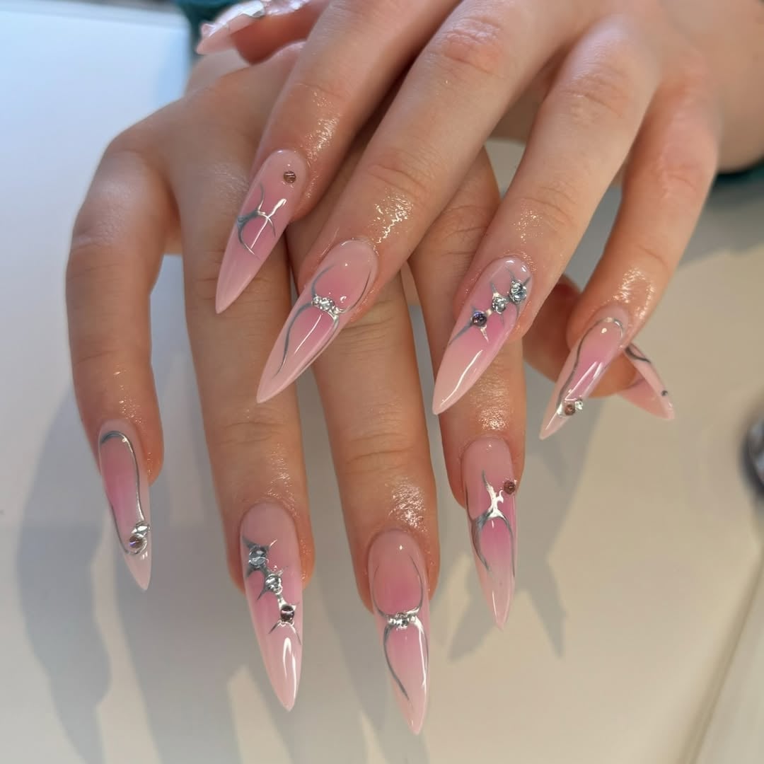 Pink Nude Gradient 3D Chrome Long Stiletto Nails