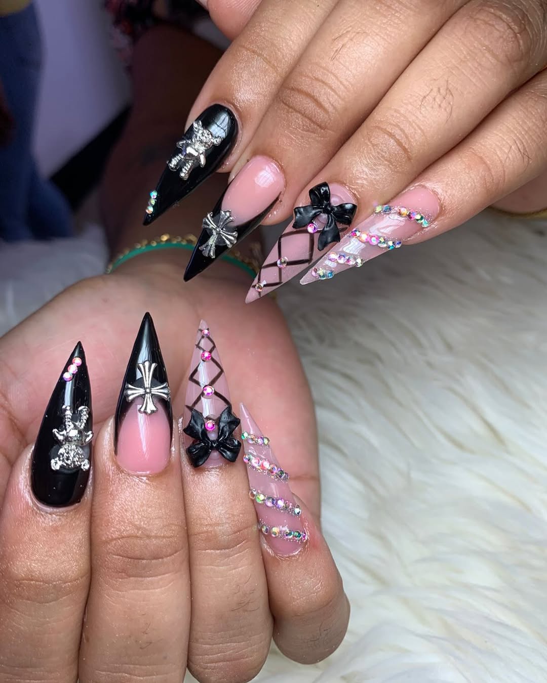 Black Pink Rhinestone Bow Cross Long Stiletto Nails