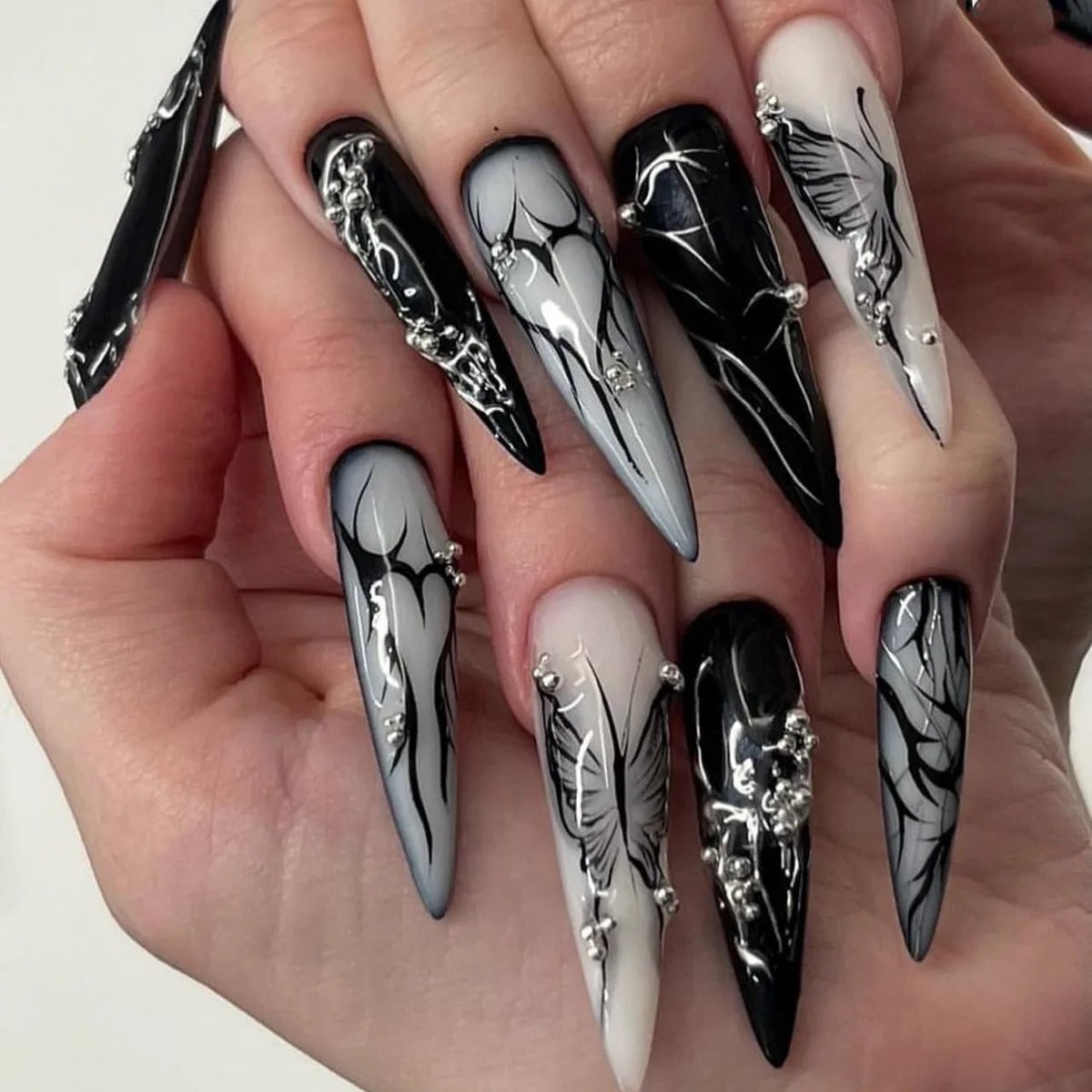 Black White Gray 3D Abstract Extra-Long Stiletto Nails