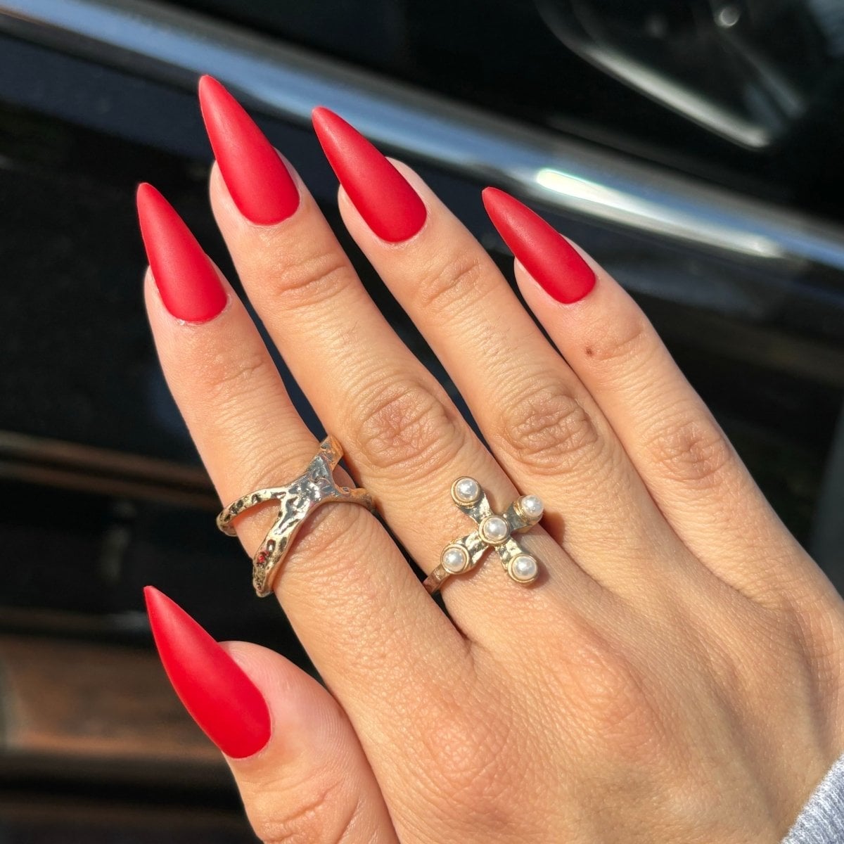 Vibrant Matte Red Long Stiletto Nails