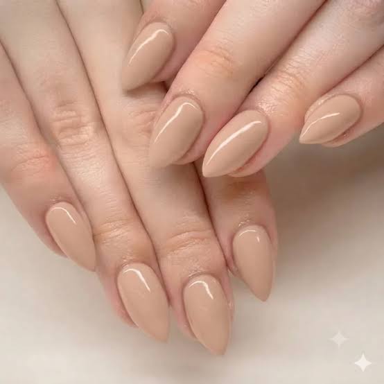 Nude Beige Glossy Short Stiletto Nails