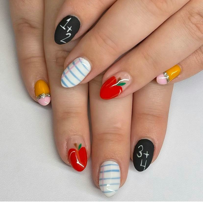 Short Oval Nails Math and Stripes — Teacher Nails