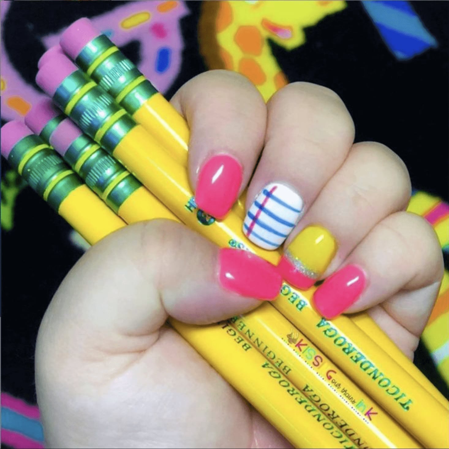 Short Square Notebook Lines and Pencil Design — Teacher Nails