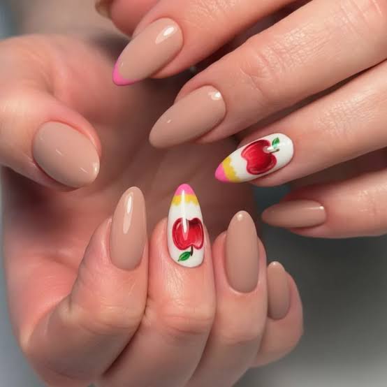 Medium Almond Nude Nails with Apple Art — Teacher Nails
