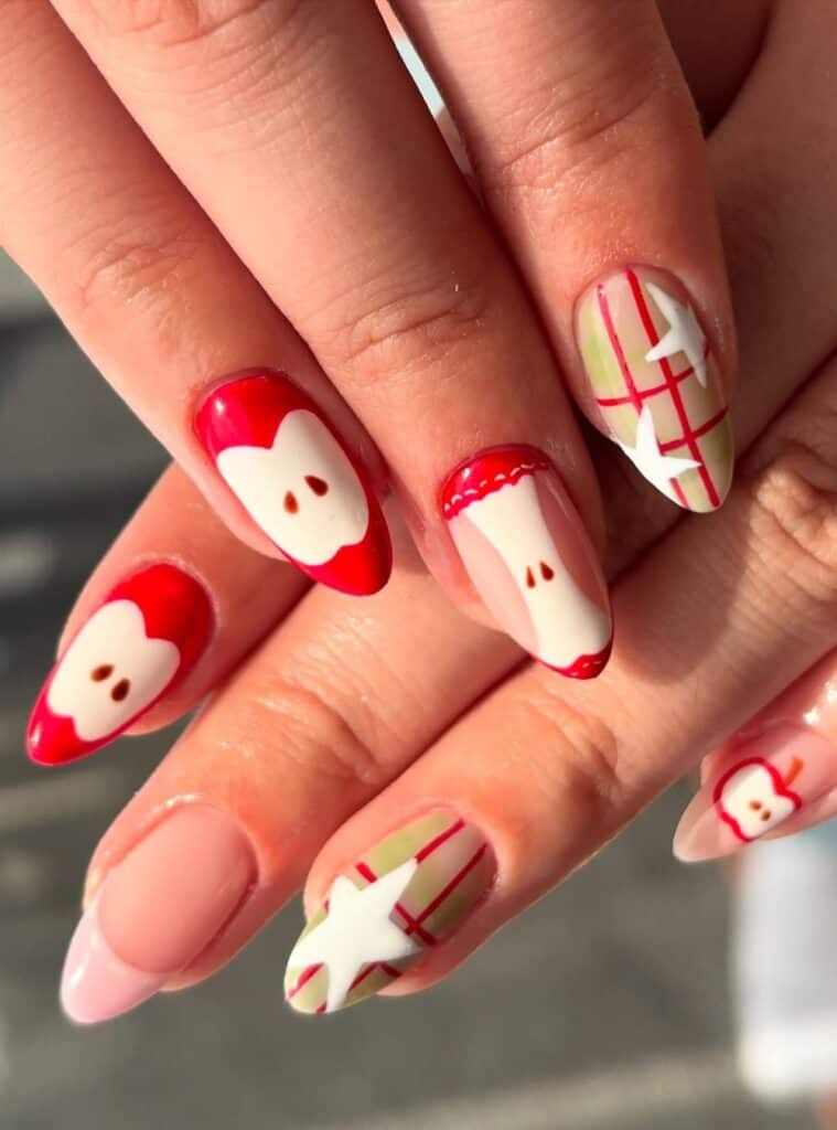 Medium Almond Apple Slices and Plaid — Teacher Nails