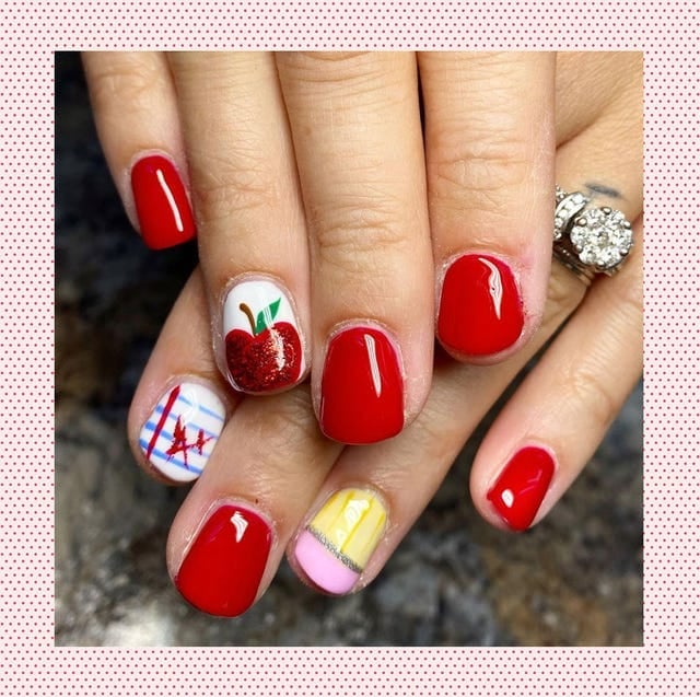 Short Square Red Glitter Apple and Plaid — Teacher Nails
