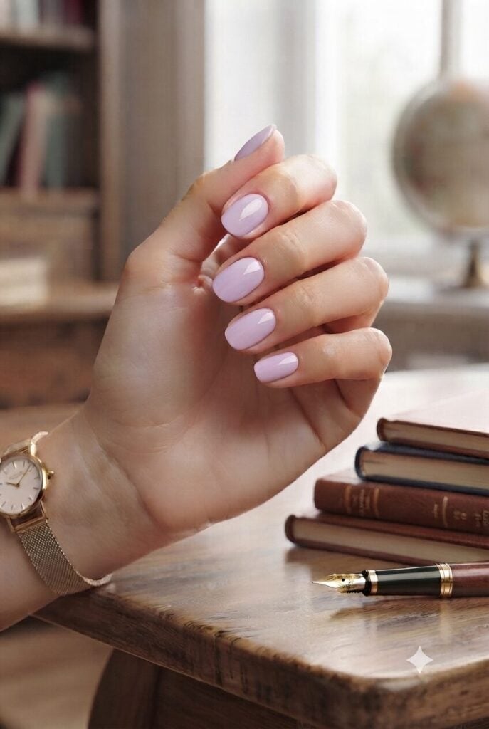 Short Oval Light Purple Glossy Nails — Teacher Nails