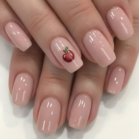 Short Almond Sheer Pink Apple Accent Nail, короткий миндаль — Teacher Nails