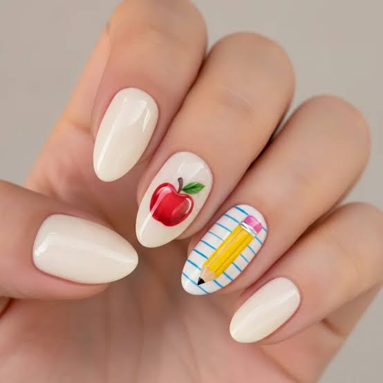 Medium Almond Nails Red Apple and Pencil Art — Teacher Nails