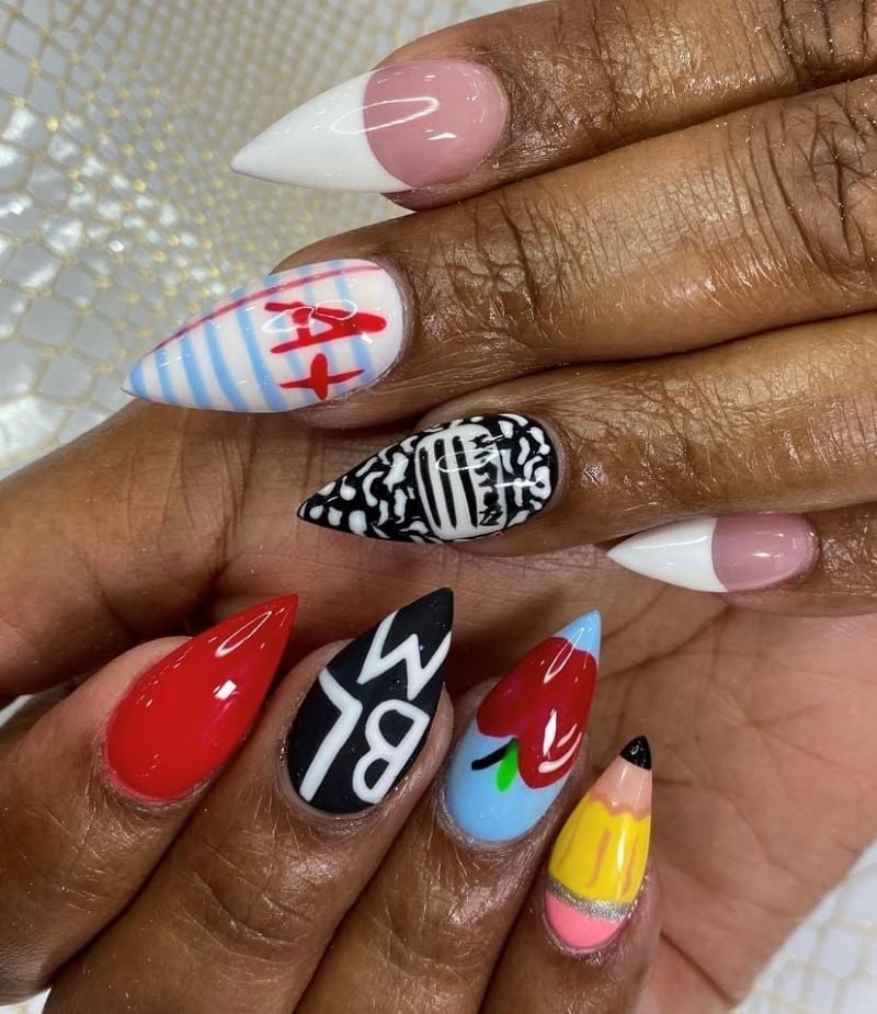 Long Stiletto Teacher Themed Nails — Teacher Nails