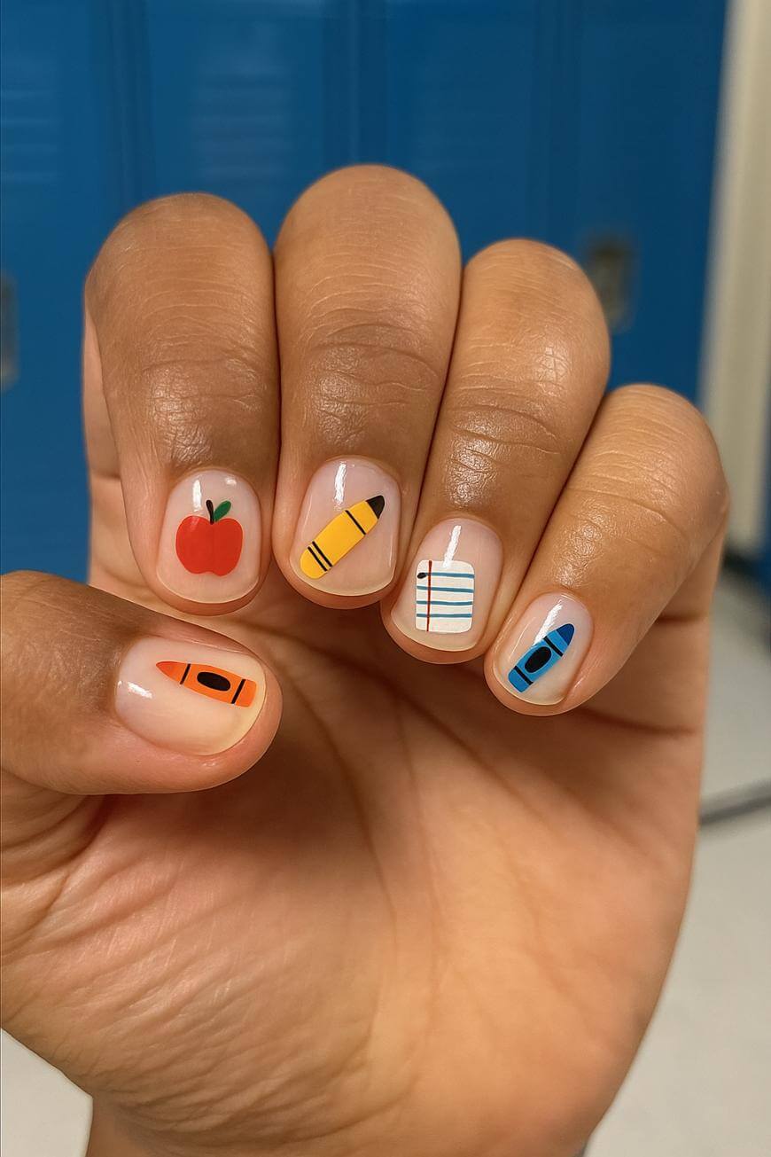 Short Square Nails School Supply Art — Teacher Nails