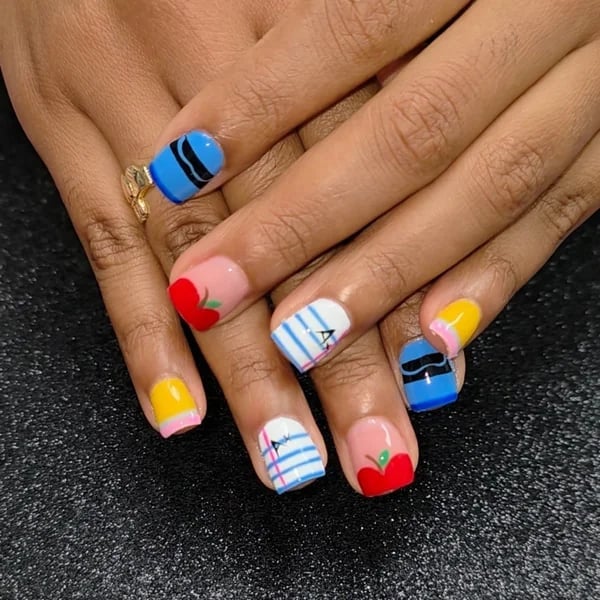 Short Square Nails Red Apples and Crayons — Teacher Nails