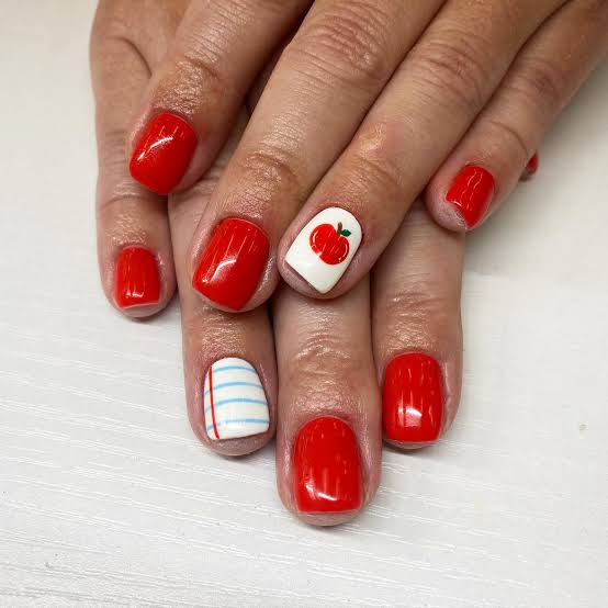 Short Square Red Nails with Apple Motif — Teacher Nails