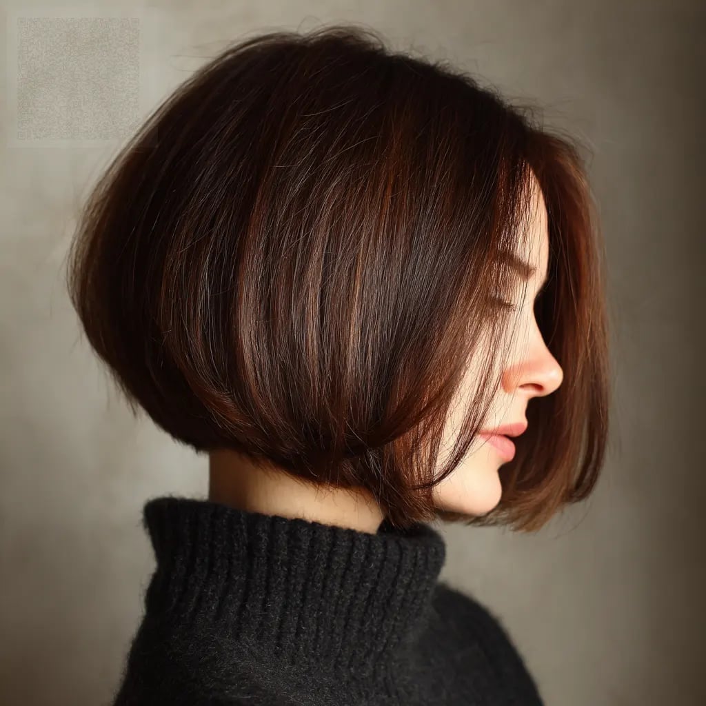 Dark Brown Bob With Side Swept Fringe Dark Brown Bob With Side Swept Fringe — Textured Bob