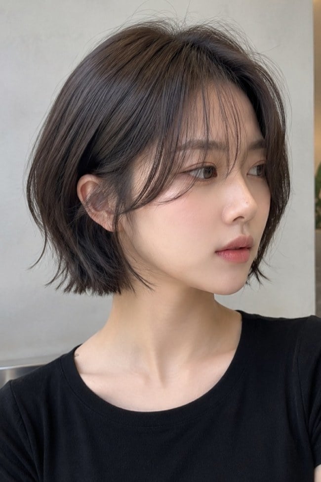 Ash Chestnut Bob With Curtain Bangs Ash Chestnut Bob With Curtain Bangs — Textured Bob