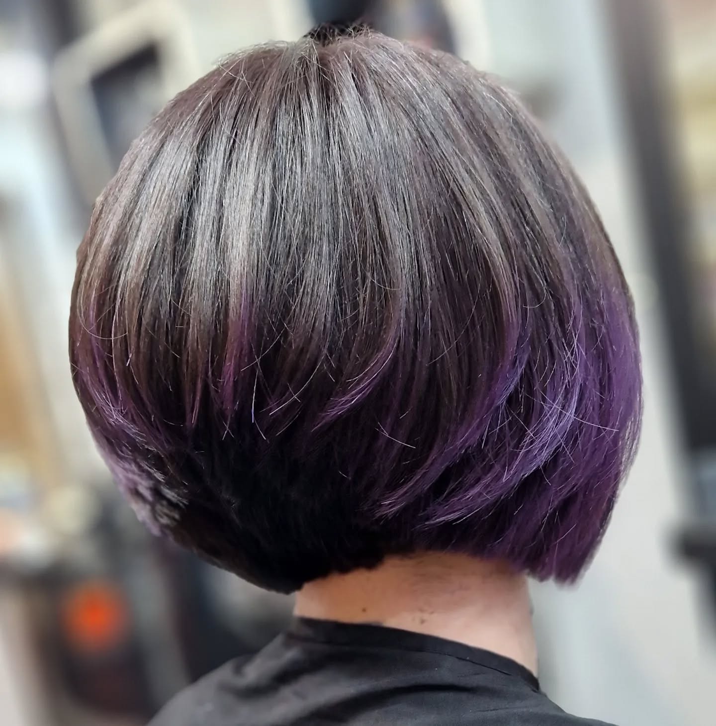 Dark Brown Bob With Purple Undertones, Blowout With Layers Dark Brown Bob With Purple Undertones, Blowout With Layers — Textured Bob