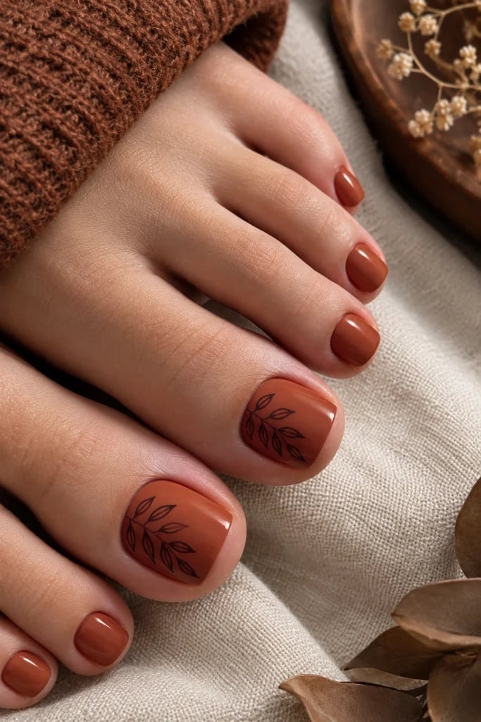 Short Natural Terracotta Leaf Art Toes Short Natural Terracotta Leaf Art Toes — Toe Nails