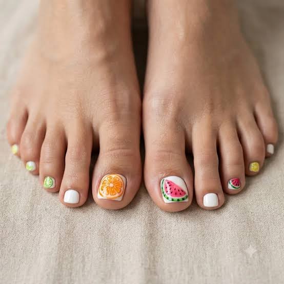 Short Square White Fruit Accent Toes Short Square White Fruit Accent Toes — Toe Nails