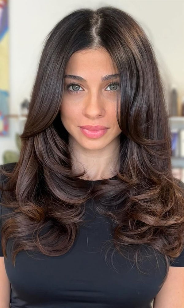 Mid-Back Dark Brown With Caramel Highlights — Trendy Haircuts