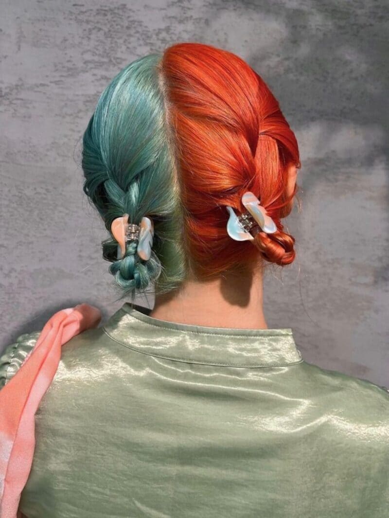 Mid-Back Braids Teal And Orange Split Mid-Back Braids Teal And Orange Split — Two Tone Hair