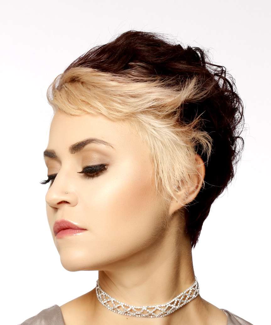 Ear Length Pixie Dark Brown And Light Blonde, Short Side-Swept Bangs Ear Length Pixie Dark Brown And Light Blonde, Short Side-Swept Bangs — Two Tone Hair