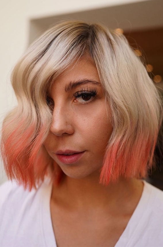 Chin Length Wavy Blonde With Coral Dip Dye Chin Length Wavy Blonde With Coral Dip Dye — Two Tone Hair
