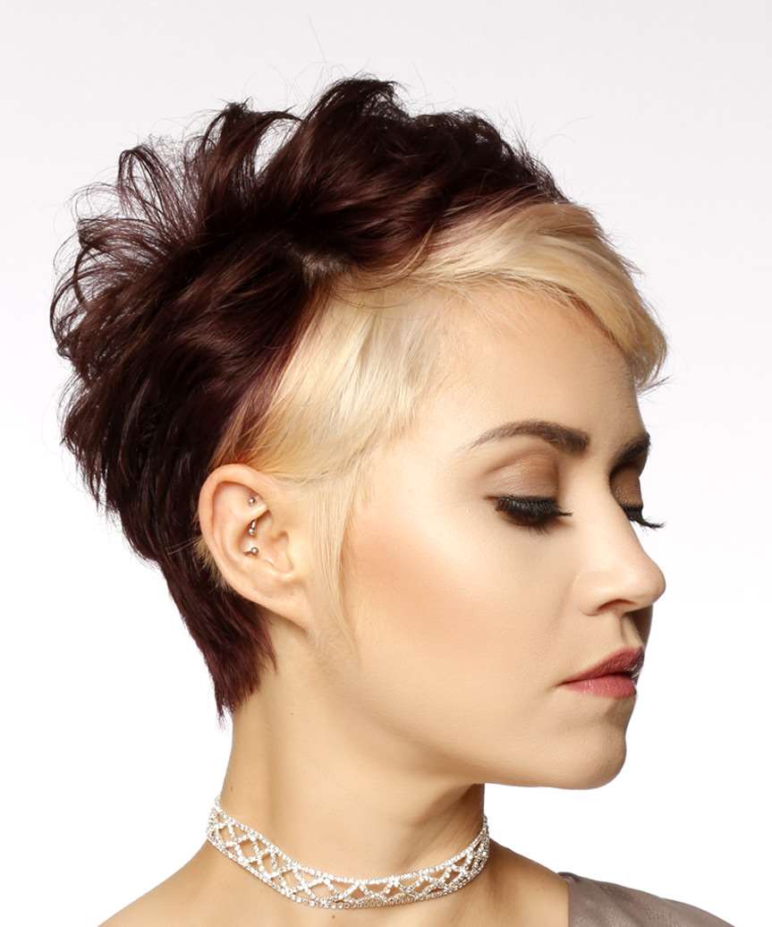 Ear Length Textured Pixie Dark Brown And Blonde, Wavy Ear Length Textured Pixie Dark Brown And Blonde, Wavy — Two Tone Hair