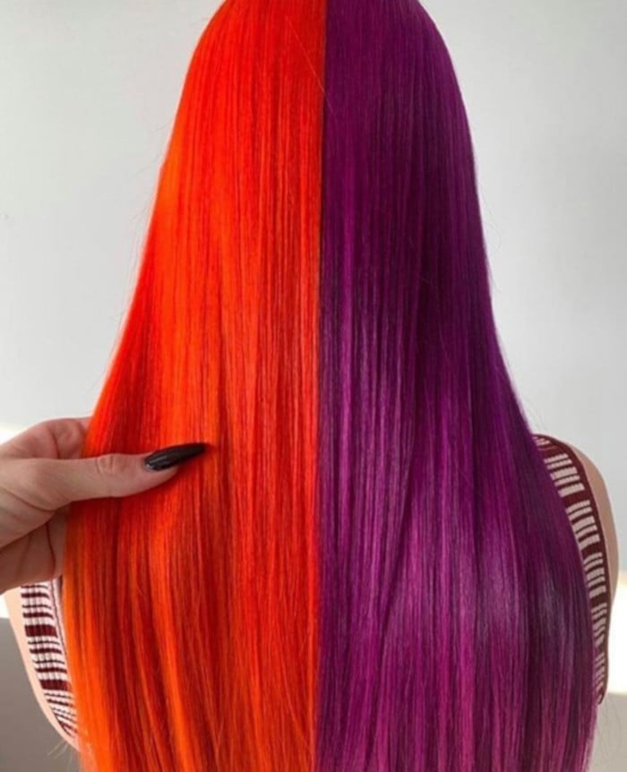 Long Straight Split Dyed Orange And Purple Long Straight Split Dyed Orange And Purple — Two Tone Hair