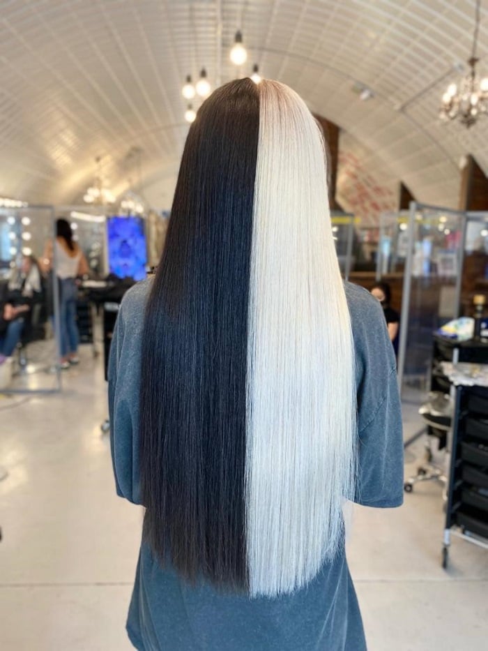 Mid-Back Straight Black And White Split Mid-Back Straight Black And White Split — Two Tone Hair