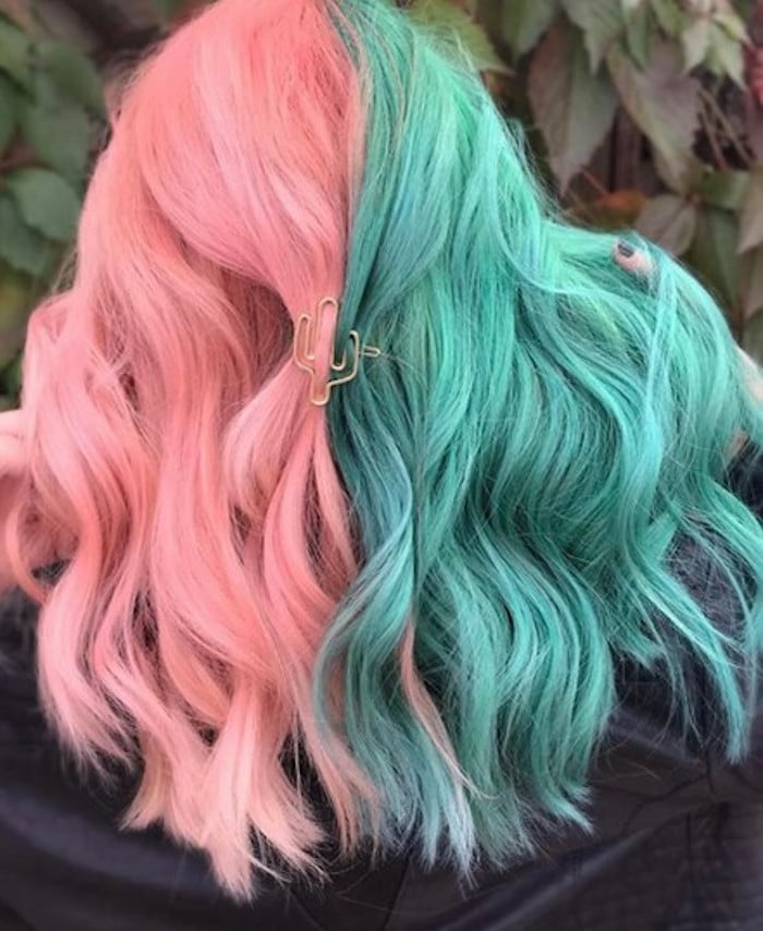 Collarbone Lob Pink And Teal Split Dye Collarbone Lob Pink And Teal Split Dye — Two Tone Hair