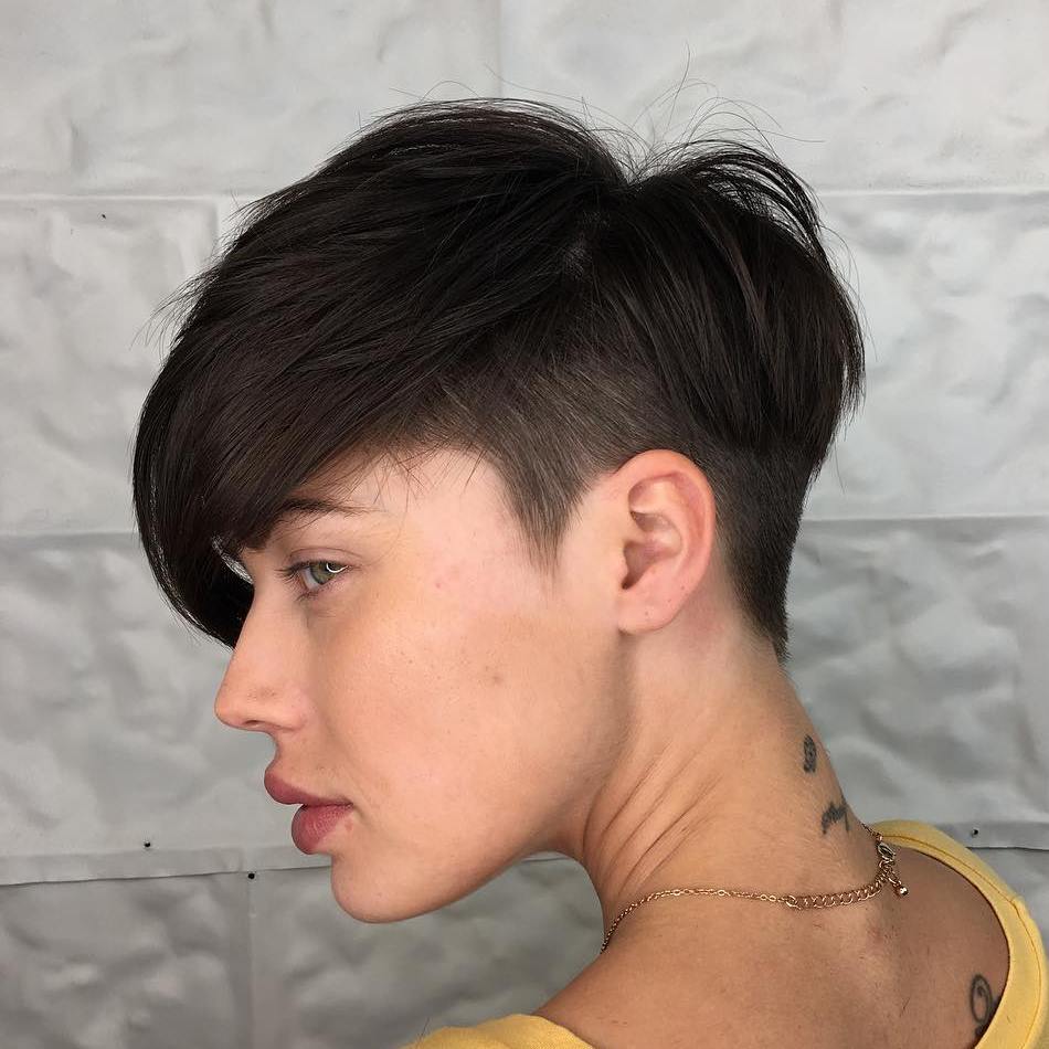 Dark Brown Pixie With Long Side-Swept Fringe — Undercut Pixie