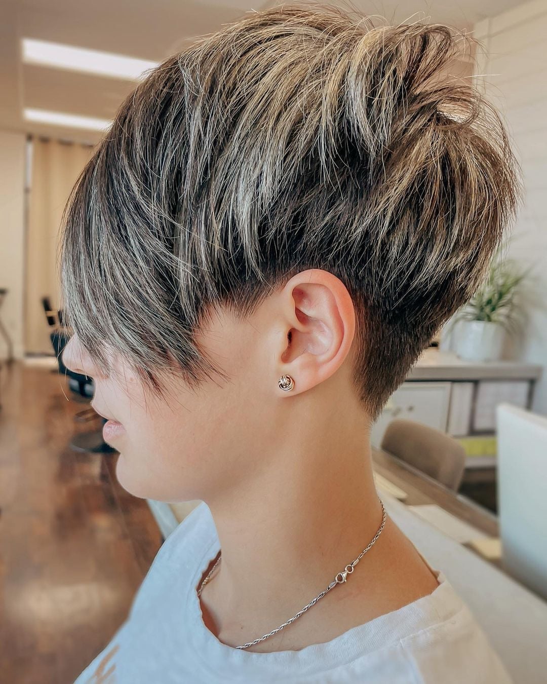 Ash Blonde Pixie With Long Swept Over Bangs — Undercut Pixie
