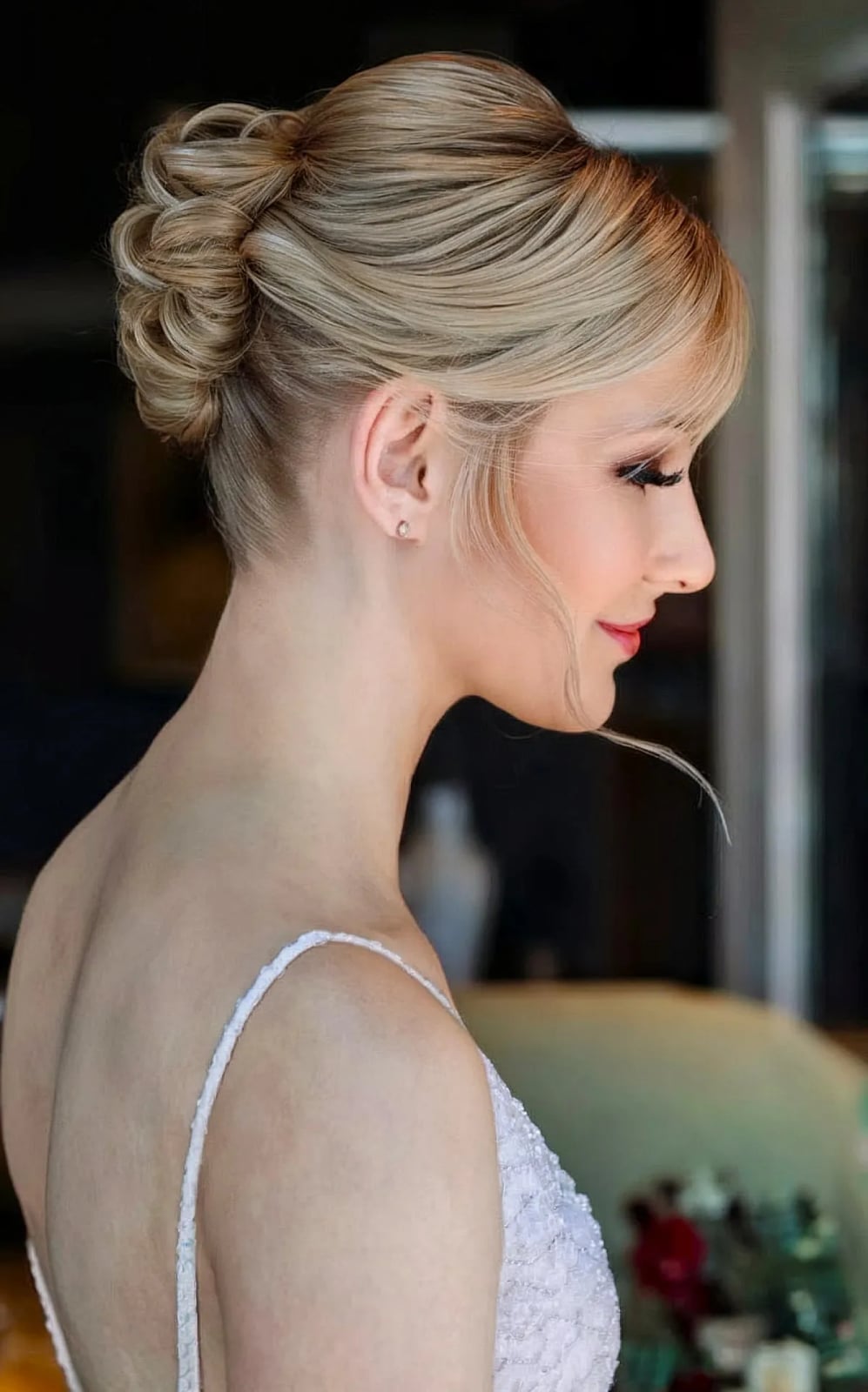 Blonde Short Hair Twisted Bun With Full Fringe — Updos for Short Hair