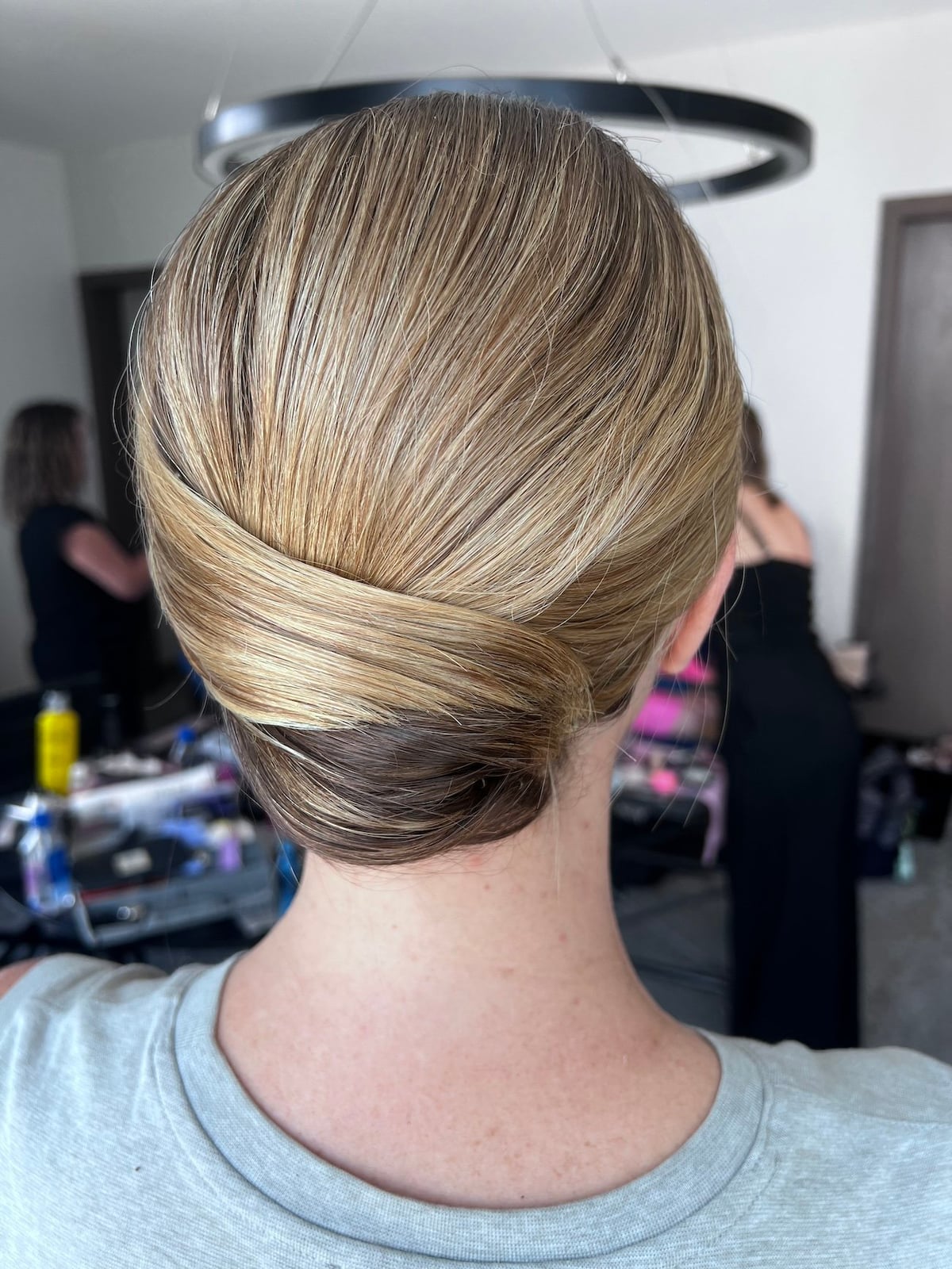 Fine Blonde Low Bun With Brown Lowlights — Updos for Short Hair