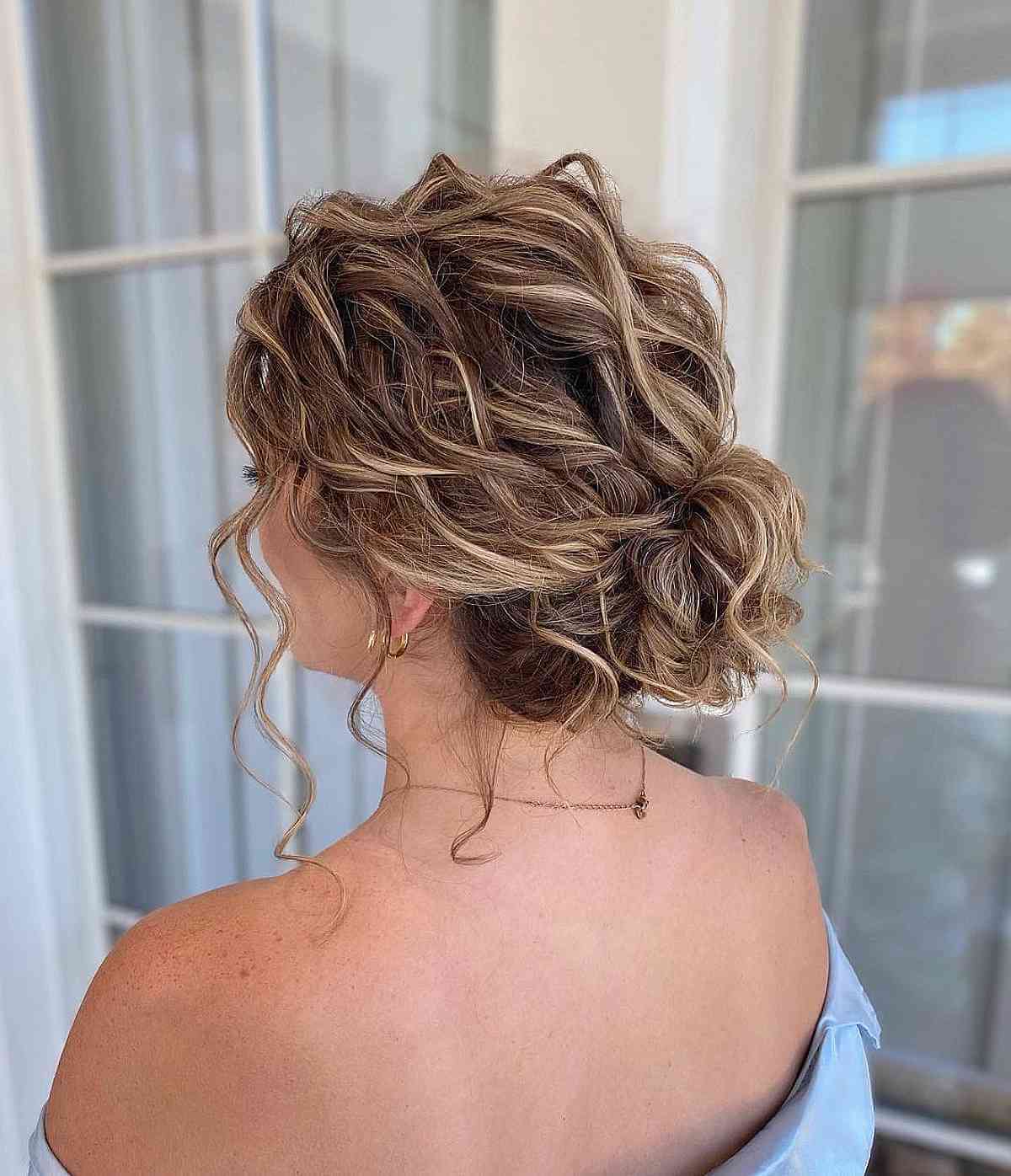 Honey Blonde Textured Updo With Loose Curls, Close-Up Take — Updos for Short Hair