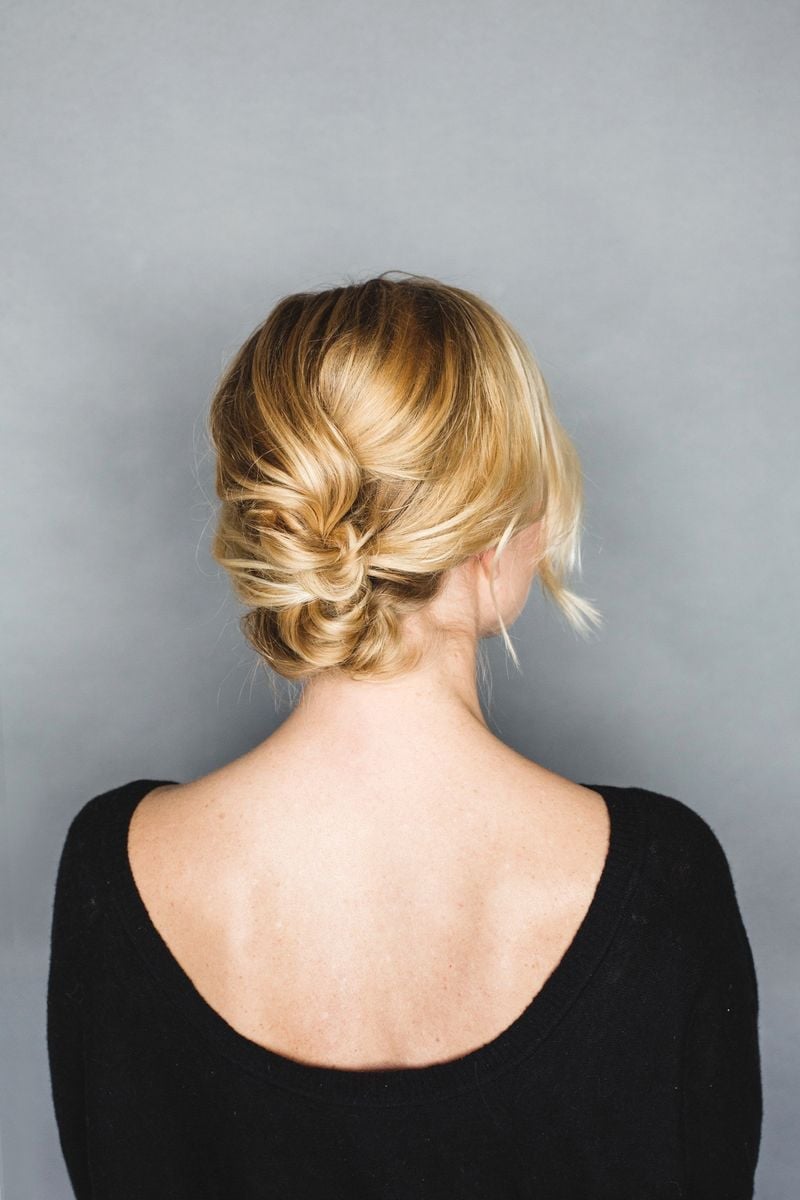 Blonde Twisted Low Updo With Wisps — Updos for Short Hair