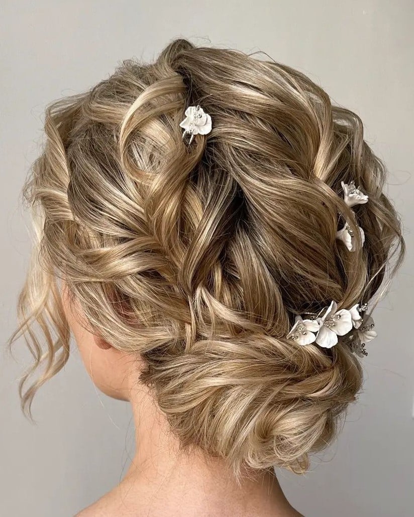 Honey Blonde Bob Twisted Updo With Floral Accents — Updos for Short Hair