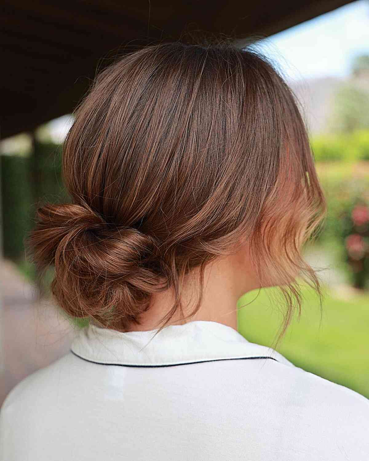 Medium Brown Messy Low Bun — Updos for Short Hair