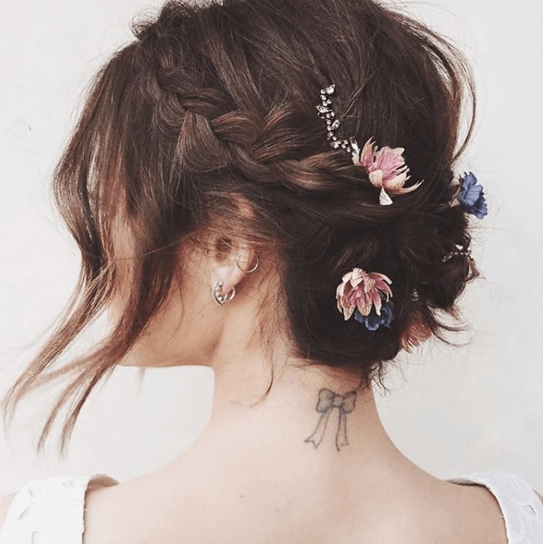 Dark Brown Braided Updo With Flowers — Updos for Short Hair