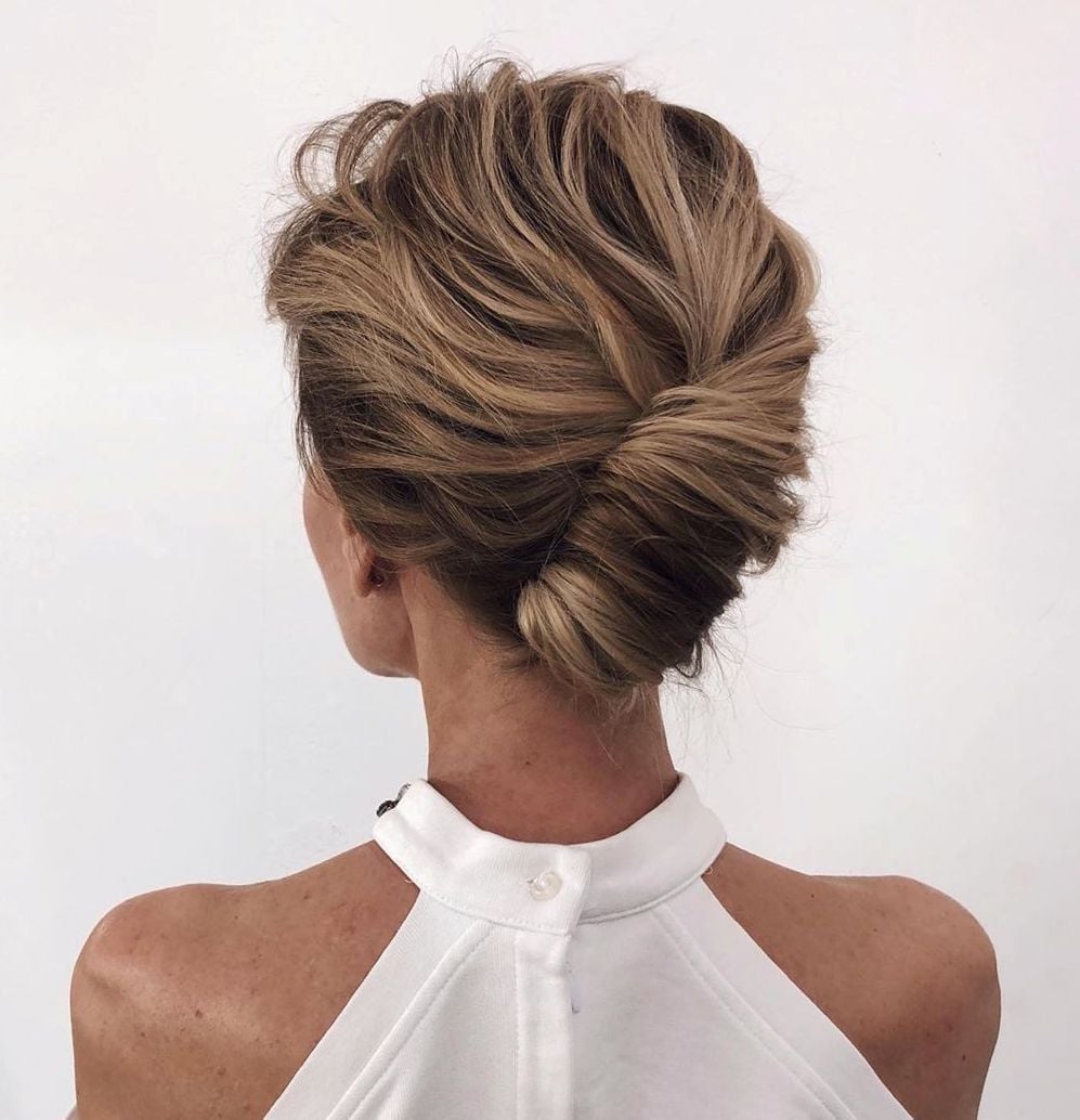 Fine Blonde Updo With Twisted Low Knot — Updos for Short Hair